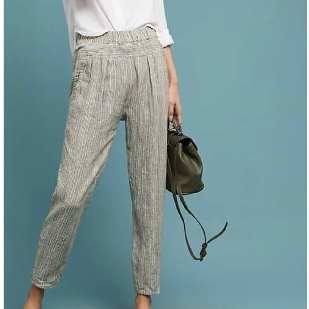 Anthropologie 100% Linen Striped Tapered Pants Olive Green White Size M